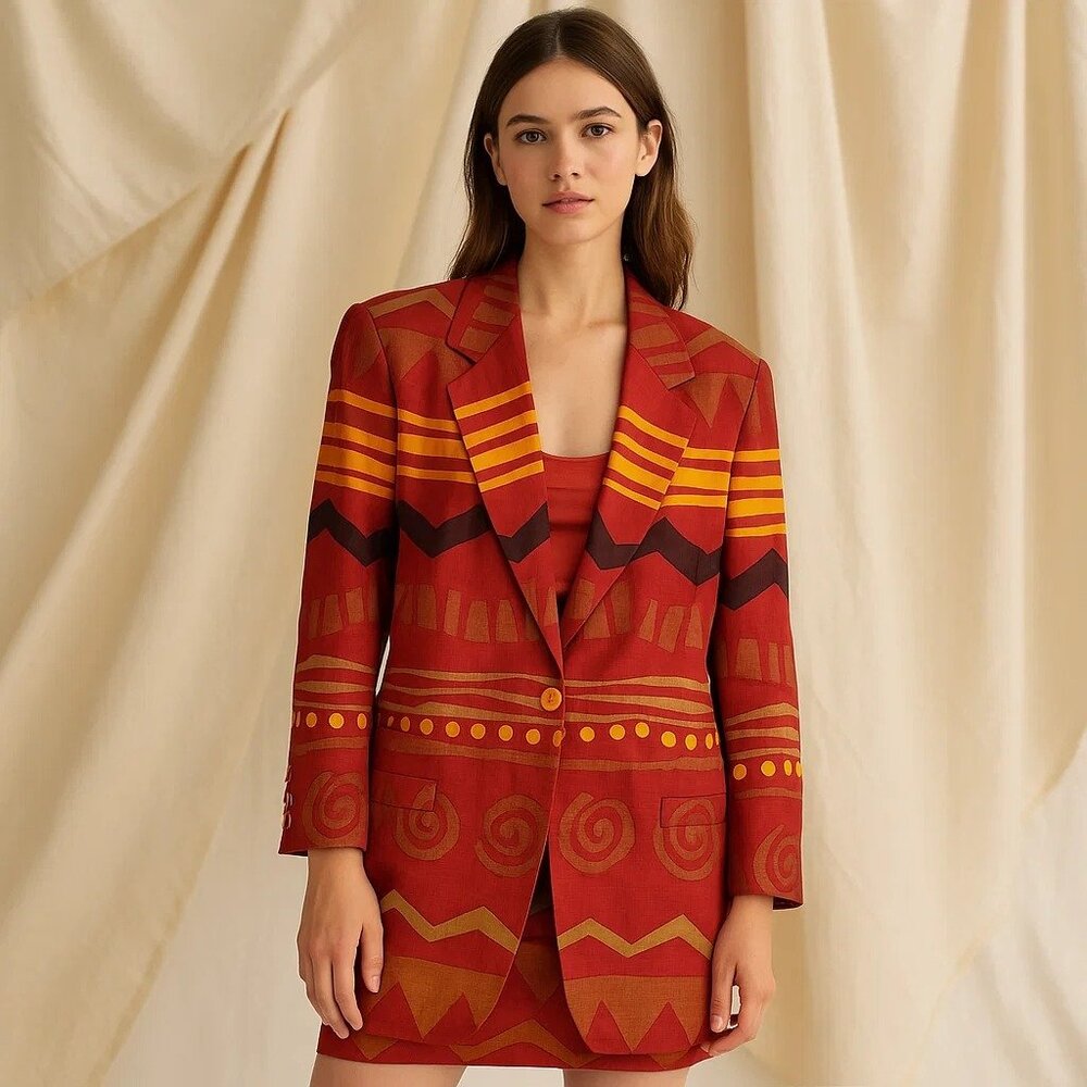 Red Patterned Single-Button Blazer Jacket